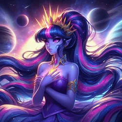 Size: 1024x1024 | Tagged: safe, ai content, derpibooru import, machine learning generated, prompter:mysticsunrise87, twilight sparkle, twilight sparkle (alicorn), alicorn, human, g4, empress, generator:bing image creator, generator:dall-e 3, humanized, image, jpeg, ultimate twilight