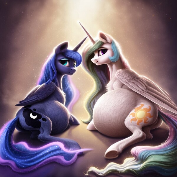 Size: 1024x1024 | Tagged: safe, ai content, derpibooru import, machine learning generated, princess celestia, princess luna, image, jpeg, preglestia, pregluna, pregnant