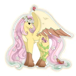 Size: 1280x1280 | Tagged: safe, artist:caitlynsarts, derpibooru import, fluttershy, bird, butterfly, insect, pegasus, pony, alternate design, colored hooves, colored wings, colored wingtips, female, floral head wreath, flower, flower in hair, flower in tail, hooves, image, long mane, long tail, mare, png, redesign, signature, simple background, smiling, solo, tail, twitterina design, white background, wings