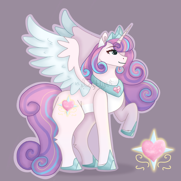 Size: 1280x1280 | Tagged: safe, artist:caitlynsarts, derpibooru import, princess flurry heart, alicorn, pony, g4, crown, female, hoof shoes, image, jewelry, mare, older, older flurry heart, peytral, png, profile, raised hoof, regalia, signature, simple background, smiling, solo, spread wings, wings