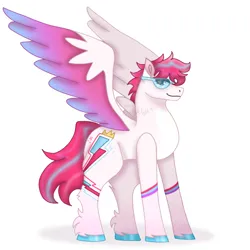 Size: 1280x1280 | Tagged: safe, artist:caitlynsarts, derpibooru import, zipp storm, pegasus, pony, g5, colored hooves, female, hooves, image, mare, png, profile, redesign, short hair, signature, simple background, smiling, solo, spread wings, sunglasses, white background, wings