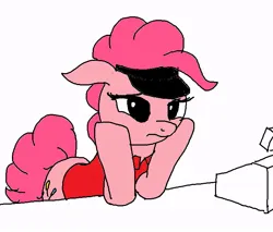 Size: 731x622 | Tagged: safe, derpibooru import, pinkie pie, earth pony, pony, g4, black sclera, cashier, cutie mark, female, image, jpeg, mare, simple background, solo, white background