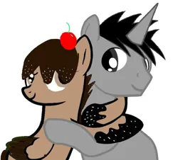 Size: 512x462 | Tagged: safe, artist:ruchiyoto, derpibooru import, oc, oc:black cross, unofficial characters only, pegasus, pony, unicorn, base used, cherry, chocolate, collaboration, female, food, horn, hug, image, jpeg, looking at each other, looking at someone, male, mare, simple background, smiling, smiling at each other, stallion, white background