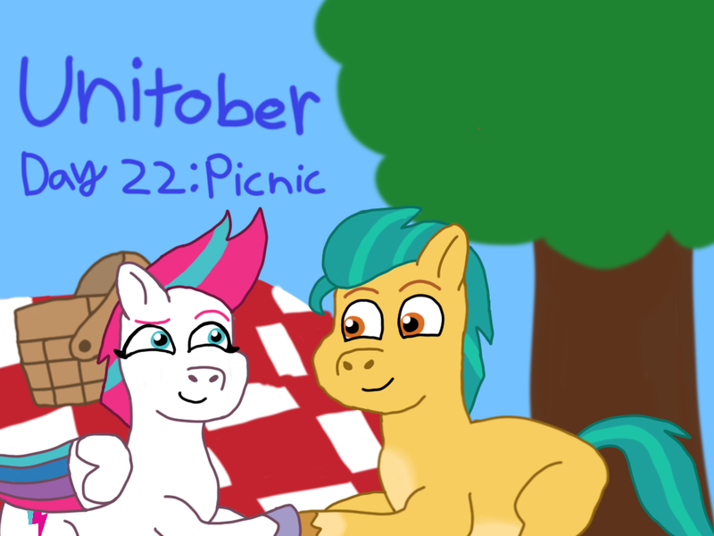 Size: 1080x810 | Tagged: safe, artist:shucku, derpibooru import, hitch trailblazer, zipp storm, earth pony, pegasus, pony, g5, basket, duo, duo male and female, female, holding hooves, image, lying down, male, mare, picnic, picnic basket, picnic blanket, png, ponyloaf, prone, ship:stormblazer, shipping, simple background, stallion, straight, unitober 2024