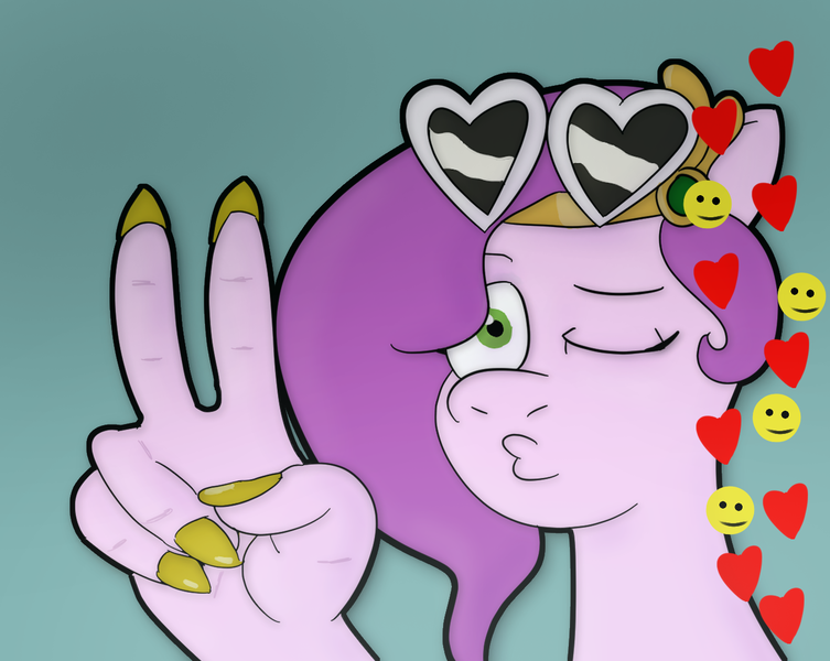 Size: 1356x1080 | Tagged: safe, artist:toonyloo, derpibooru import, pipp petals, pegasus, g5, emoji, fingers, glasses, hand, heart shaped glasses, image, one eye closed, peace sign, png, sunglasses, sunglasses on head, wink