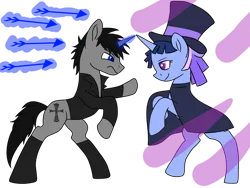 Size: 1032x774 | Tagged: safe, artist:ruchiyoto, derpibooru import, oc, oc:black cross, oc:flawless sparklemoon, unofficial characters only, pony, unicorn, arrow, boots, cloak, clothes, female, fusion, fusion:trixie, fusion:twilight sparkle, fusion:twixie, horn, image, magic, male, mare, my little pony the movie: the death of twilight sparkle, png, shoes, simple background, stallion, transparent background