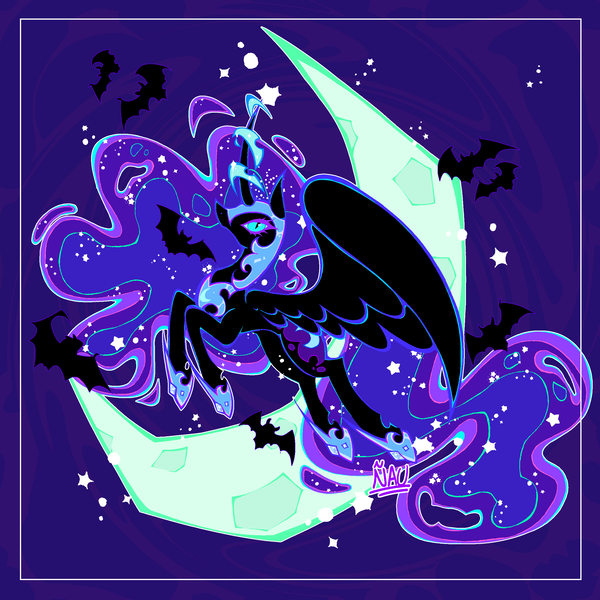 Size: 2500x2500 | Tagged: safe, artist:nauuu, derpibooru import, nightmare moon, alicorn, bat, pony, g4, concave belly, crescent moon, female, high res, image, large wings, mare, moon, png, slender, solo, thin, wings