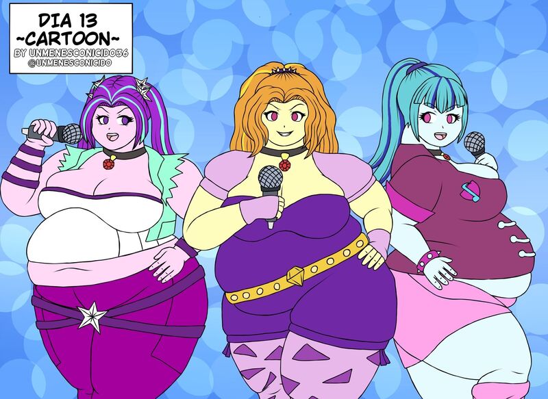 Size: 2200x1603 | Tagged: safe, artist:unmenesconicido, derpibooru import, adagio dazzle, aria blaze, sonata dusk, human, equestria girls, g4, adagio wobble, aria blob, belly, belly button, big belly, breasts, busty adagio dazzle, busty aria blaze, busty dazzlings, busty sonata dusk, fat, female, image, jpeg, microphone, no pupils, obese, sonatubby, the dazzlings, trio, trio female