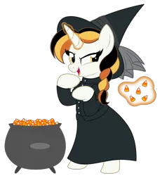 Size: 2936x3084 | Tagged: safe, artist:feather_bloom, derpibooru import, oc, oc:candy corn, unofficial characters only, pony, unicorn, braid, candy, candy corn, cauldron, clothes, commission, costume, evil grin, food, grin, halloween, halloween costume, hat, holiday, horn, image, levitation, magic, nightmare night, png, simple background, smiling, solo, telekinesis, transparent background, witch, witch costume, witch hat