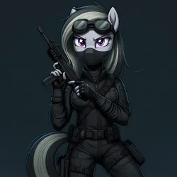 Size: 1024x1024 | Tagged: safe, ai content, derpibooru import, generator:google imagen 3.0, machine learning generated, prompter:zerowinger, marble pie, anthro, series:g.i. pony: a real equestrian hero, g4, clothes, commando, cosplay, costume, female, fingerless gloves, g.i. joe, gloves, goggles, gradient background, gun, image, jpeg, ski mask, slit eyes, snake eyes, solo, submachinegun, uzi, weapon