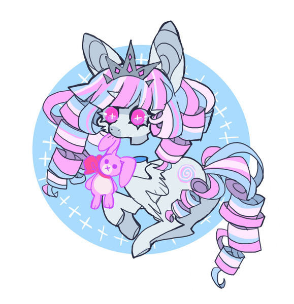 Size: 829x859 | Tagged: safe, artist:cutesykill, derpibooru import, oc, oc:princess marshmallow, unofficial characters only, alicorn, pony, alicorn oc, alternate eye color, bangs, big ears, big eyes, blue sclera, circle background, coat markings, colored muzzle, colored pinnae, colored sclera, concave belly, dark muzzle, decapitated, eyelashes, facial markings, female, female oc, floating head, folded wings, frown, horn, image, jewelry, jpeg, lace, long legs, looking at you, mare, mare oc, mouth hold, no mouth, pigtails, pink eyes, plushie, princess, princess oc, ringlets, simple background, slit pupils, small horn, snip (coat marking), solo, sparkles, standing, thick eyelashes, three quarter view, three toned mane, three toned tail, tiara, turned head, twintails, unicorn horn, unusual pupils, white background, white coat, white pupils, wide eyes, wings