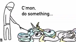 Size: 1200x675 | Tagged: safe, artist:ponyberserker, derpibooru import, princess celestia, annoyed, c'mon, image, jpeg, lying down, meme reference, poking, pony-berserker's twitter sketches, pony-berserker's twitter sketches (2024), prone, stick