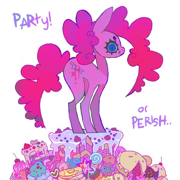 Size: 1058x1058 | Tagged: safe, artist:cutesykill, derpibooru import, pinkie pie, earth pony, pony, g4, alternate cutie mark, beanbrows, blue eyes, butter, cake, candy, cherry, cupcake, curly mane, curly tail, eyebrows, female, food, frosting, grimcute, ice cream, ice cream cone, image, jpeg, lollipop, long legs, long mane, long tail, looking at you, mare, muffin, no catchlights, pancakes, pastry, pie, pink coat, pink mane, pink tail, profile, purple text, simple background, slasher smile, smiling, smiling at you, solo, standing, staring into your soul, tail, taiyaki, thick eyelashes, thin legs, this will end in cupcakes, unusual pupils, waffle cone, white background, wide eyes