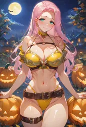 Size: 832x1216 | Tagged: suggestive, ai content, derpibooru import, generator:civitai, machine learning generated, prompter:doublerainbow, stable diffusion, fluttershy, human, g4, armor, belly, belly button, big breasts, bikini, breasts, busty fluttershy, clothes, female, generator:pony diffusion v6 xl, halloween, holiday, humanized, image, jpeg, looking at you, moon, outdoors, pumpkin, smiling, smiling at you, solo, solo female, stupid sexy fluttershy, swimsuit, unconvincing armor, yellow bikini, yellow swimsuit