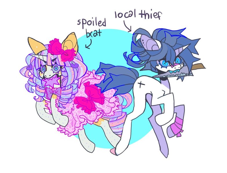 Size: 1000x765 | Tagged: safe, artist:cutesykill, derpibooru import, oc, oc:bubblebite, oc:kalyna, unofficial characters only, monster pony, pony, unicorn, arrow, bandage, bandaged leg, bandaid, beanbrows, big ears, blaze (coat marking), blue mane, blue sclera, blue tail, bow, bowtie, circle background, clothes, coat markings, colored eyelashes, colored hooves, colored horn, colored sclera, colored teeth, colorful, concave belly, dress, duo, duo female, ear piercing, earring, eyebrows, eyebrows visible through hair, facial markings, fangs, female, female oc, friends, frilly dress, hair accessory, hair bow, hairclip, holding a knife, hooves, horn, image, jewelry, jpeg, leg markings, leonine tail, mane accessory, mare, mare oc, mealy mouth (coat marking), mouth hold, multicolored mane, multicolored tail, narrowed eyes, neck bow, no catchlights, orange coat, piercing, pink dress, purple eyelashes, purple teeth, raised hoof, rearing, rectangular pupil, ringlets, sharp teeth, simple background, slender, socks (coat marking), spiky mane, spiky tail, tail, tail bow, teeth, text, thick eyelashes, thin, threat, three quarter view, two toned eyes, unicorn horn, unicorn oc, unusual pupils, wall of tags, white background