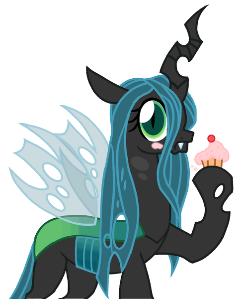 Size: 3024x3722 | Tagged: safe, artist:chaosimp2006, derpibooru import, queen chrysalis, changeling, g4, season 9, spoiler:s09, cupcake, eating, food, food on face, image, looking at you, png, simple background, solo, white background