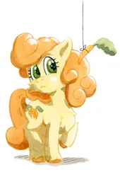 Size: 527x775 | Tagged: safe, artist:lost marbles, derpibooru import, carrot top, golden harvest, earth pony, pony, g4, bait, carrot, chest fluff, cutie mark, female, food, image, mare, png, raised hoof, simple background, solo, string, traditional art, white background