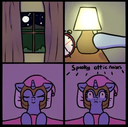 Size: 850x843 | Tagged: safe, artist:neuro, derpibooru import, pony, unicorn, alarm clock, bed, clock, comic, descriptive noise, desk lamp, female, frown, guardsmare, hat, helmet, horn, image, lamp, mare, moon, night, nightcap, on bed, pillow, pinpoint eyes, png, royal guard, sleeping, smiling, solo, window