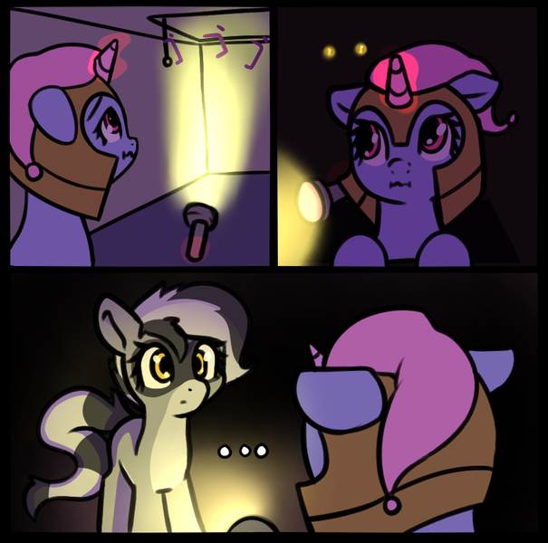 Size: 850x843 | Tagged: safe, artist:neuro, derpibooru import, oc, oc:bandy cyoot, hybrid, pony, raccoon, raccoon pony, unicorn, ..., attic, comic, duo, duo female, female, flashlight (object), floppy ears, guardsmare, hat, helmet, horn, image, jojo's bizarre adventure, mare, menacing, nightcap, no dialogue, png, royal guard, ゴ ゴ ゴ