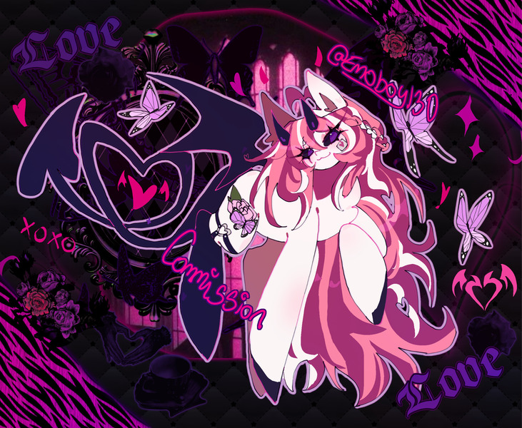 Size: 2048x1680 | Tagged: safe, artist:emoboy130, derpibooru import, oc, oc:yuriko, unofficial characters only, butterfly, demon, demon pony, insect, original species, pony, succubus, abstract background, ahoge, bandage, bat wings, black hooves, black sclera, black socks, black tail, black wings, blushing, braid, clothes, collage, colored horns, colored pinnae, colored sclera, colored wings, commission, demon wings, devil tail, eye clipping through hair, eyelashes, eyeshadow, garters, heart ahoge, horns, image, jpeg, knee blush, long eyelashes, long mane, long tail, makeup, no pupils, outline, pink eyeshadow, pink mane, purple eyes, purple text, raised hoof, shiny eyes, shiny mane, signature, smiling, socks, sparkles, spread wings, tail, three quarter view, three toned mane, tied mane, white coat, wings, xoxo