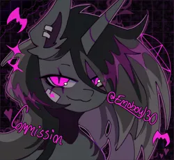 Size: 2048x1884 | Tagged: safe, artist:emoboy130, derpibooru import, oc, oc:lucia, pony, unicorn, :3, abstract background, bandage, bust, chest fluff, colored pinnae, commission, ear fluff, female, gray coat, gray mane, grid background, horn, icon, image, jpeg, lidded eyes, long horn, long mane, looking at you, mare, outline, pink eyes, pink text, profile picture, shiny mane, signature, slit pupils, smiling, smiling at you, solo, sparkles, three quarter view, three toned mane, unicorn horn, unicorn oc