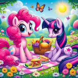 Size: 1024x1024 | Tagged: safe, ai content, derpibooru import, machine learning generated, prompter:bluey2309, pinkie pie, twilight sparkle, twilight sparkle (alicorn), alicorn, butterfly, earth pony, insect, g4, duo, duo female, female, flower, food, fruit, fruit basket, image, jpeg, nature, outdoors, picnic, sandwich, sun, wrong cutie mark