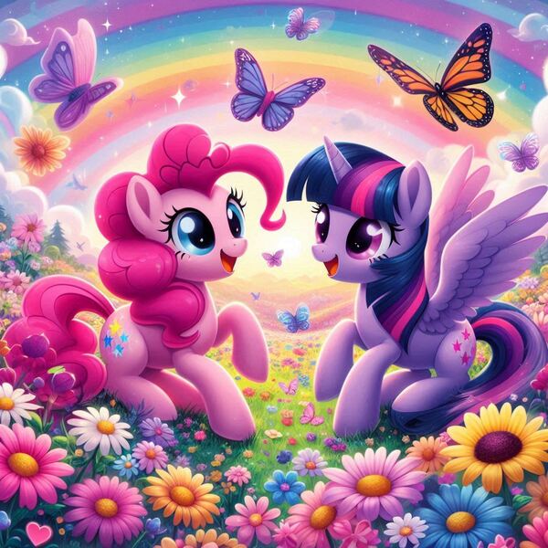 Size: 1024x1024 | Tagged: safe, ai content, derpibooru import, machine learning generated, prompter:bluey2309, pinkie pie, twilight sparkle, twilight sparkle (alicorn), alicorn, butterfly, earth pony, insect, duo, duo female, female, flower, image, jpeg, nature, outdoors, rainbow, wrong cutie mark