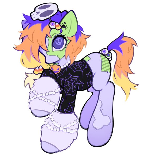 Size: 1200x1199 | Tagged: safe, artist:toycasino, derpibooru import, part of a set, oc, unofficial characters only, earth pony, pony, undead, zombie, zombie pony, adoptable, adoptable open, big eyes, blank flank, clothes, colored pupils, ear piercing, earring, earth pony oc, eyeball, eyelashes, fluffy leg warmers, for sale, gradient legs, hair accessory, hairclip, halloween, holiday, image, jewelry, jpeg, lavender coat, leg warmers, mane accessory, multicolored mane, multicolored tail, necklace, piercing, ponytail, profile, purple coat, purple pupils, raised hoof, shaggy mane, simple background, skull mask, skull pupils, solo, standing on three hooves, stitched body, stitched face, stitched legs, stitches, tail, tail tie, teeth, tied mane, tied tail, unusual pupils, white background