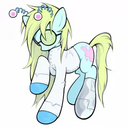 Size: 1200x1200 | Tagged: safe, artist:toycasino, derpibooru import, part of a set, oc, unofficial characters only, earth pony, pony, adoptable, adoptable open, amputee, antennae, blue coat, clothes, earth pony oc, for sale, glasses, gloves, green mane, green tail, headband, image, jpeg, lab coat, latex, latex gloves, light blue coat, long mane, long tail, mad scientist, no mouth, profile, prosthetic leg, prosthetic limb, prosthetics, raised hoof, round glasses, simple background, solo, standing on three hooves, swirly glasses, tail, white background