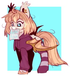 Size: 3200x3490 | Tagged: safe, artist:cheekipone, ponerpics import, oc, oc:honey milk, unofficial characters only, bat pony, pony, bat pony oc, bat wings, clothes, ear piercing, fangs, female, hoodie, image, jpeg, mare, mouth hold, paper, passepartout, piercing, socks, solo, spread wings, standing, striped socks, text, unshorn fetlocks, wings