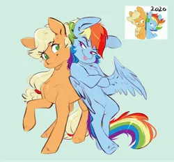 Size: 4096x3823 | Tagged: safe, artist:chub-wub, derpibooru import, applejack, rainbow dash, earth pony, pegasus, pony, g4, appledash, bipedal, blonde mane, blonde tail, blue background, blue coat, chest fluff, duo, duo female, eyebrows, eyebrows visible through hair, eyelashes, feathered wings, female, freckles, green eyes, hair tie, hatless, hoof fluff, image, jpeg, leaning, leaning on someone, lesbian, looking at each other, looking at someone, mare, missing accessory, multicolored hair, multicolored mane, no pupils, one wing out, pink eyes, ponytail, rainbow hair, rainbow tail, raised eyebrow, raised hoof, redraw, reference used, requested art, shipping, simple background, smiling, smiling at each other, standing on three hooves, tail, tail tie, tied mane, tied tail, tongue out, wings