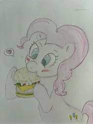 Size: 4284x5712 | Tagged: safe, artist:monkchoo24, derpibooru import, pinkie pie, earth pony, pony, g4, blush scribble, blushing, burger, cheeseburger, drawing, eating, female, food, hamburger, heart, image, jpeg, meat, ponies eating meat, solo, traditional art