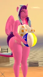 Size: 2160x3840 | Tagged: suggestive, artist:nightmarezoroark, derpibooru import, oc, oc:stardust sparkle, alicorn, anthro, art pack:equestria bikini club 2, comic:sparkle familly at the beach (nightmarezoroarksfm), 3d, beach ball, big breasts, bikini, blind, breasts, busty oc, chubby, clothes, eyes closed, female, huge breasts, image, magical lesbian spawn, offspring, parent:starlight glimmer, parent:twilight sparkle, parents:twistarlight, png, solo, solo female, source filmmaker, swimsuit