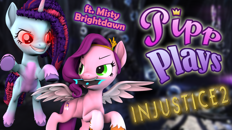 Size: 1920x1080 | Tagged: safe, artist:pika-robo, derpibooru import, pipp petals, pegasus, pony, unicorn, series:pipp plays, g4, g5, 3d, :3, batarang, duo, fake thumbnail, female, g5 to g4, gamer pipp, generation leap, grin, horn, image, injustice 2, let's play, mare, misty brightdawn, png, red eyes, red eyes take warning, smiling, source filmmaker, spread wings, wings, youtube thumbnail