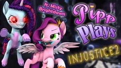 Size: 1920x1080 | Tagged: safe, artist:pika-robo, derpibooru import, pipp petals, pegasus, pony, unicorn, series:pipp plays, g4, g5, 3d, :3, batarang, duo, fake thumbnail, female, g5 to g4, gamer pipp, generation leap, grin, horn, image, injustice 2, let's play, mare, misty brightdawn, png, red eyes, red eyes take warning, smiling, source filmmaker, spread wings, wings, youtube thumbnail