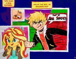 Size: 1837x1429 | Tagged: safe, derpibooru import, sunset shimmer, oc, oc:hellfire red, human, equestria girls, g4, breaking the fourth wall, fourth wall, image, jpeg, looking at you, reference to another series, shadow the hedgehog, sonic prime, sonic the hedgehog (series), talking to viewer, traditional art