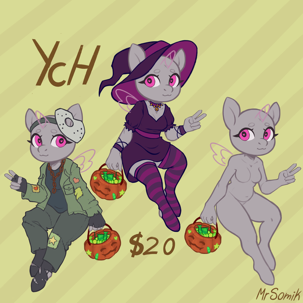 Size: 2500x2500 | Tagged: safe, artist:mr.catfish, derpibooru import, anthro, pony, bracelet, candies, chains, chibi, clothes, collar, commission, costume, dress, fingerless gloves, gloves, halloween, halloween costume, hat, holiday, image, jewelry, pants, patch, peace sign, png, pumpkin, pumpkin bucket, socks, stockings, thigh highs, torn clothes, torn socks, witch costume, witch hat, your character here