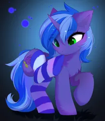 Size: 3189x3663 | Tagged: safe, artist:empress-twilight, derpibooru import, oc, oc:blueberry simmer, unofficial characters only, pony, unicorn, g4, biting, blue mane, blue tail, blueberry, clothes, commission, ear fluff, eyebrows, female, food, green eyes, horn, image, mare, png, pulling, purple coat, socks, solo, striped socks, tail, ych result