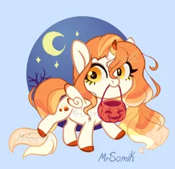 Size: 1450x1400 | Tagged: safe, artist:mr.catfish, derpibooru import, oc, unofficial characters only, pony, unicorn, brown eyeshadow, candies, chibi, commission, eyeshadow, horn, image, makeup, moon, png, pumpkin bucket, watermark, white coat, ych result, yellow eyes, yellow eyeshadow