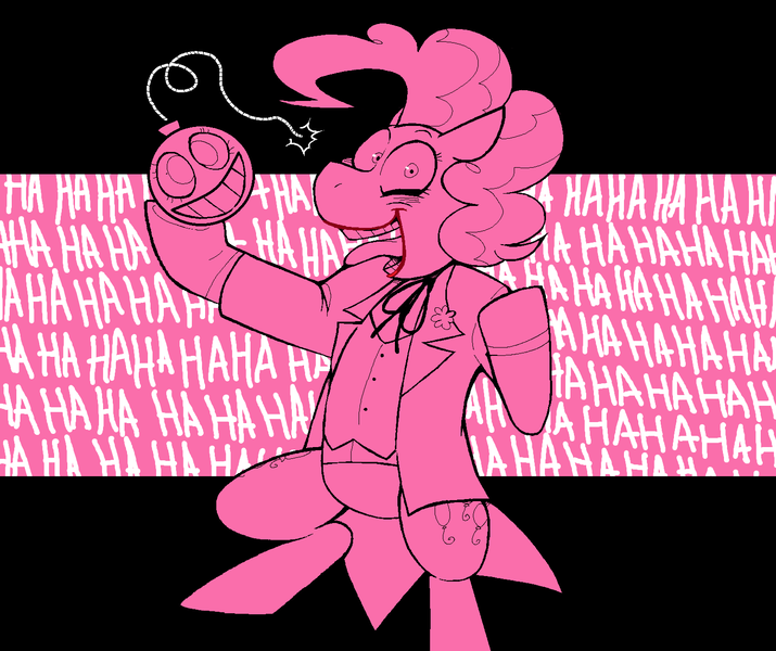 Size: 1460x1226 | Tagged: safe, artist:dsstoner, derpibooru import, pinkie pie, earth pony, pony, bomb, clothes, costume, crazy face, dc comics, faic, female, image, joker, laughing, lipstick, makeup, mare, pinktober, png, the joker, tongue out, weapon