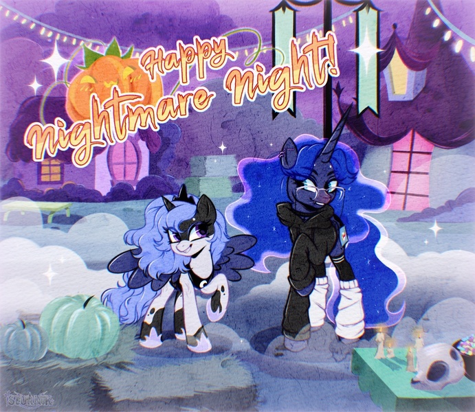 Size: 1280x1111 | Tagged: safe, artist:seurnik, derpibooru import, princess luna, oc, oc:seurnik, alicorn, pony, unicorn, g4, luna eclipsed, clothes, costume, digital art, female, halloween, halloween 2024, halloween costume, holiday, horn, image, jpeg, mare, mlp fim's fourteenth anniversary, nightmare night, seurnik