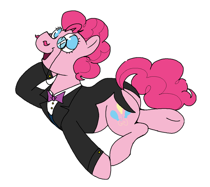 Size: 1083x964 | Tagged: safe, artist:dsstoner, derpibooru import, pinkie pie, earth pony, pony, clothes, clothes swap, costume, facial hair, female, image, implied fancypants, mare, monocle, moustache, open smile, pinktober, png, prancing, simple background, suit, white background