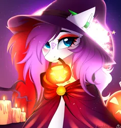 Size: 4087x4307 | Tagged: safe, artist:2pandita, derpibooru import, oc, unofficial characters only, pony, candle, hat, image, moon, mouth hold, night, outdoors, png, pumpkin bucket, solo, witch hat