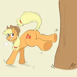 Size: 2048x2048 | Tagged: safe, artist:vendette, derpibooru import, applejack, earth pony, pony, friendship is magic, g4, applebucking, applebutt, blonde, blonde hair, breath, buck, bucking, butt, cream background, cutie mark, digital art, emanata, eye clipping through hair, female, food, grin, image, looking at you, looking back, looking back at you, mare, no iris, orange, orange coat, png, simple background, smiling, smiling at you, solo, stars, sweat, sweatdrops, tree, underhoof