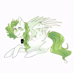 Size: 768x768 | Tagged: safe, artist:saturn cat, derpibooru import, oc, unofficial characters only, pegasus, pony, 2018, digital art, green mane, green tail, image, jpeg, lying down, pegasus oc, prone, simple background, smiling, solo, spread wings, tail, white background, white coat, wings