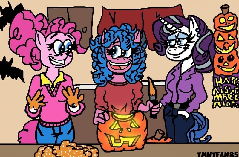 Size: 1247x818 | Tagged: safe, artist:tmntfan85, derpibooru import, melody, pinkie pie, rarity, anthro, earth pony, unicorn, g1, g4, female, g1 to g4, generation leap, grin, halloween, holiday, horn, image, jack-o-lantern, jpeg, knife, lesbian, lidded eyes, messy, older, older pinkie pie, older rarity, open mouth, open smile, pumpkin, ship:raripie, shipping, smiling, trio, trio female