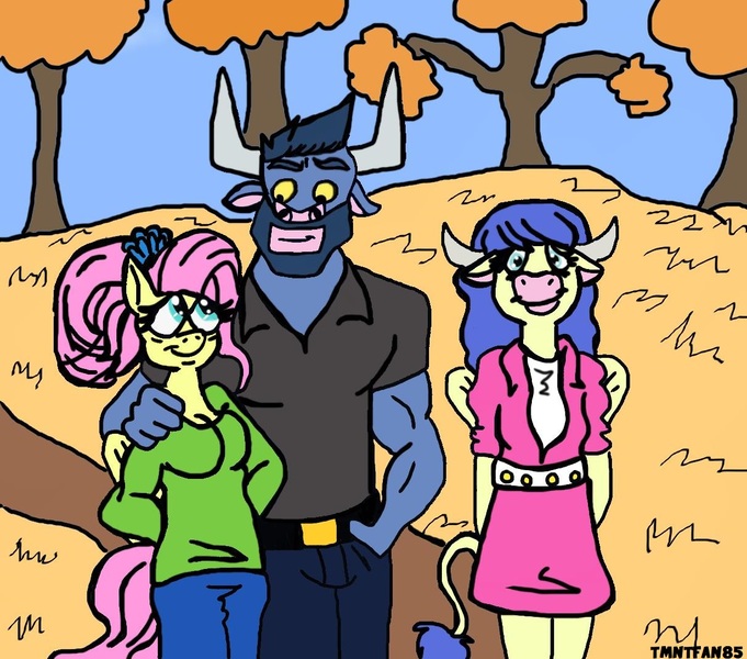 Size: 1212x1068 | Tagged: safe, artist:tmntfan85, derpibooru import, fluttershy, iron will, oc, oc:autumn breeze, anthro, hybrid, pegasus, g4, arm around neck, autumn, beard, breasts, facial hair, family, female, hand in pocket, hand on shoulder, image, interspecies offspring, jpeg, looking at each other, looking at someone, male, offspring, older, older fluttershy, parent:fluttershy, parent:iron will, parents:ironshy, ship:ironshy, shipping, smiling, smiling at each other, straight, trio