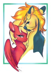 Size: 888x1280 | Tagged: safe, artist:tokokami, derpibooru import, oc, oc:melodis, oc:yaktan, earth pony, pegasus, pony, blushing, couple, female, image, jpeg, looking at you, male, mare, melotan, oc on, oc x oc, shipping, stallion, straight