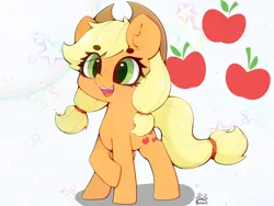 Size: 4000x3000 | Tagged: safe, artist:zokkili, derpibooru import, applejack, earth pony, pony, g4, applejack's hat, beanbrows, cowboy hat, cute, cutie mark background, ear fluff, eyebrows, eyebrows visible through hair, female, hat, high res, image, jackabetes, jpeg, mare, open mouth, open smile, raised hoof, signature, smiling, solo, stars, tail