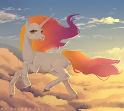 Size: 2000x1800 | Tagged: safe, artist:saturn cat, derpibooru import, oc, pony, unicorn, 2019, detailed background, digital art, gradient mane, horn, image, jpeg, orange mane, painting, purple mane, sky, solo, unicorn oc, white coat